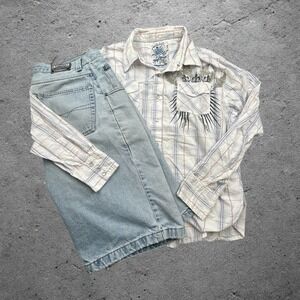 Machine‎ Mens XL White Plaid Pearl Snap Graphic Print Shirt Y2K Grunge Skater